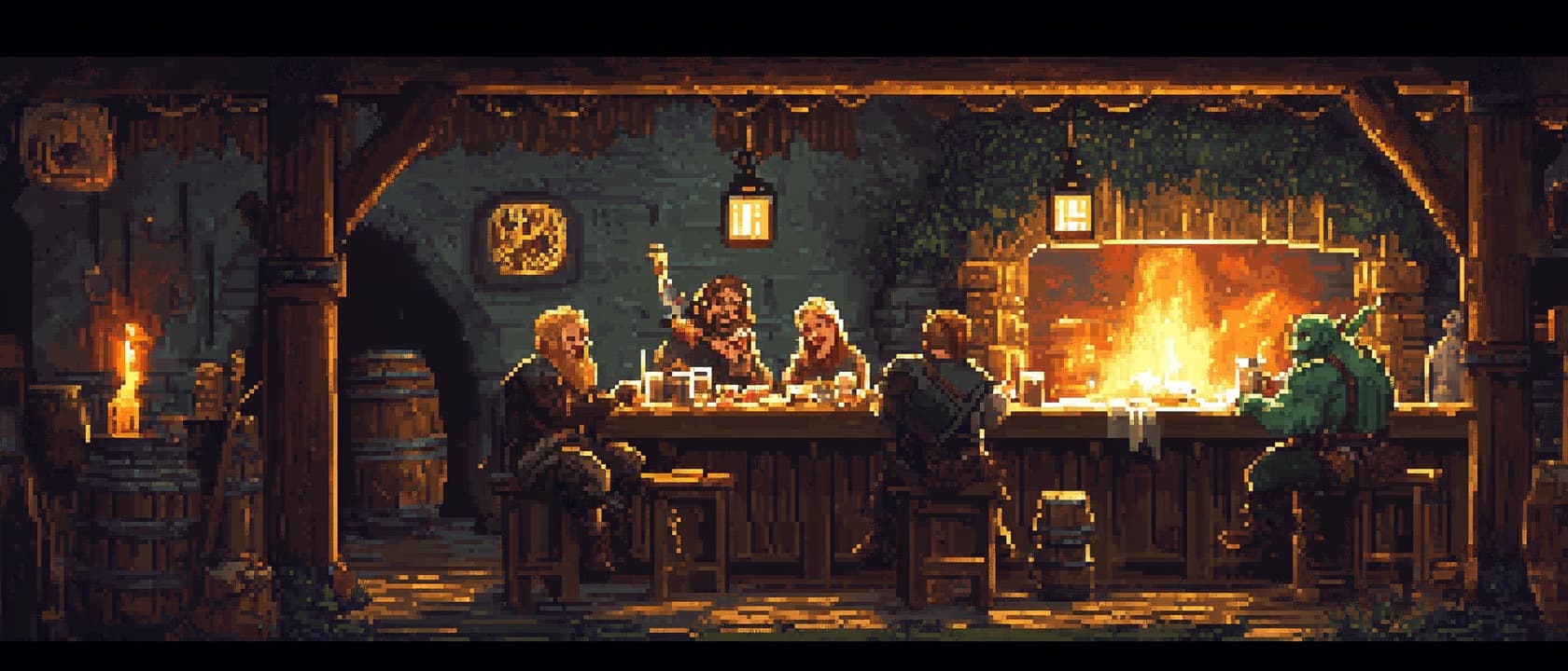 Heroes dining together in an inn